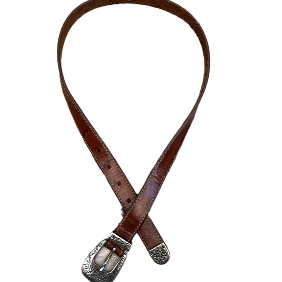 Women’s Vintage Brown Leather Belt with Silver Floral Details on Hardware - Picture 1 of 1